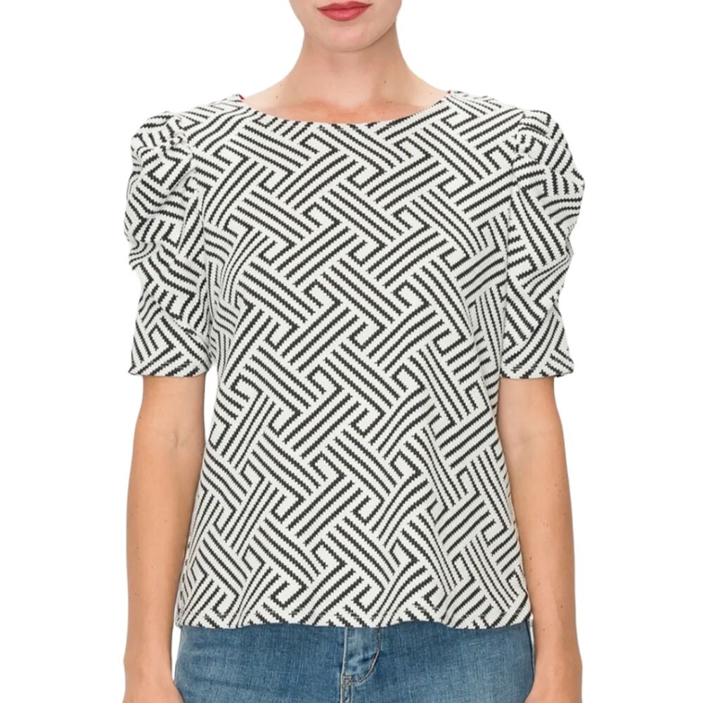 W5 Concepts Black White Geo Ruched Puff Sleeve Top Size XL